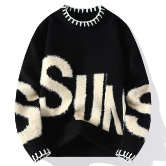 Men Sweater Pullover Knitwear Letter Streetwear Long Sleeve Jumper Crew Neck Knit Winter Knitted Sweater